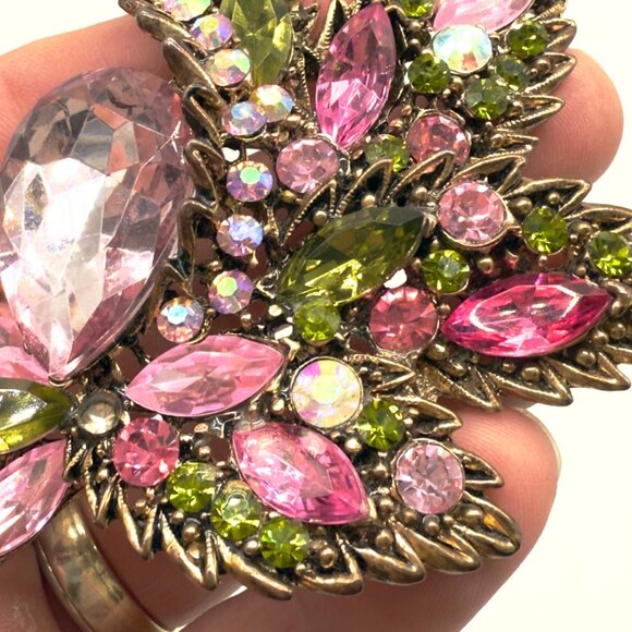 Rhinestone Brooch Set of 3 Leaf Floral Designs Multicolor Gold Silver Tone Resin - Picture 8 of 14